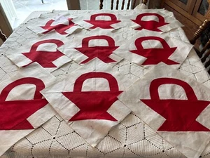 LOT #8--9 12" X 12" HAND PIECED EARLY RED/WHITE BASKET QUILT BLOCKS--SQUARES - Picture 1 of 7