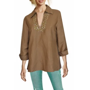 Blusa de lino romántica True Vintage Boho blusa larga lentejuelas bordado NUEVA talla 40 - Imagen 1 de 4