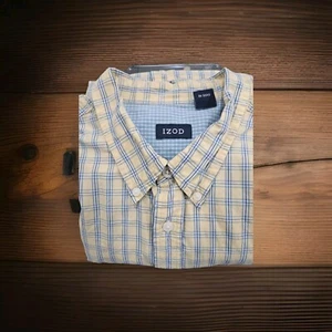 Izod Button Down Men's Shirt (XXL) Cotton, Yellow/Blue Plaid, S/S, - Picture 1 of 8