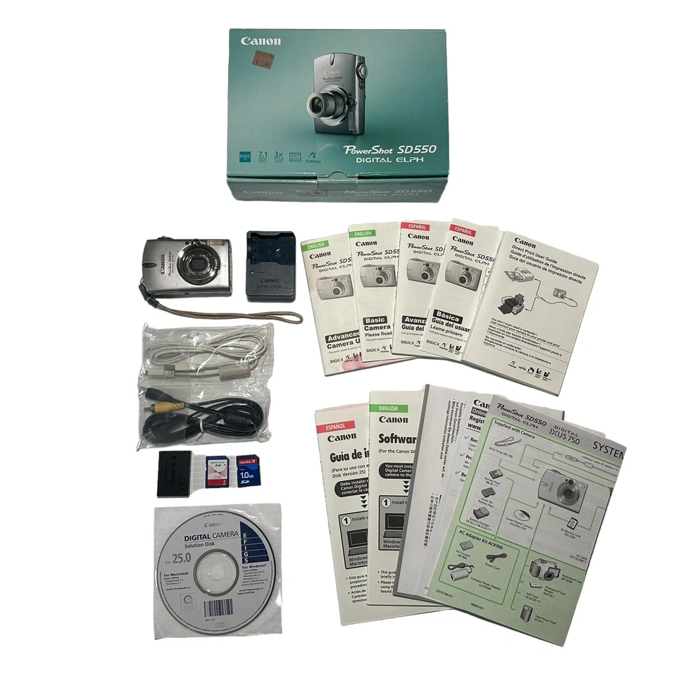 Câmera Canon PowerShot Digital ELPH SD550 carregador de bateria estojo caixa manual testada - Imagem 1 de 4