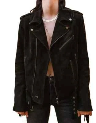 Chaqueta negra con flecos de gamuza genuina para mujer de cuero suave con cinturón para motocicleta motociclista Foto 1 de 4