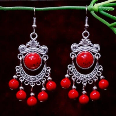 Imitation Red Coral Sterling Silver 925 Gemstone Drop/Dangle Hook Style Earrings Foto 1 de 4