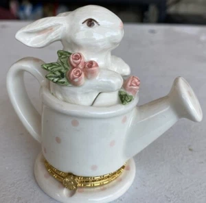 Mud Pie Trinket Box Hinged Watering Can Rabbit 1998 Ceramic White Pink Polka Dot - Picture 1 of 5