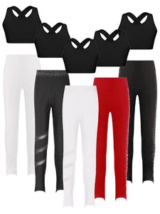Kids Girls Crop Top With Leggings Comfortable 2 Piece Dance Outfits Workout - Picture 1 of 61