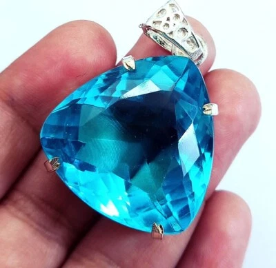 Blue Topaz Trillion 80.00 Ct Certified Loose Gemstone GS Solid Silver Pendent - Image 1 of 4