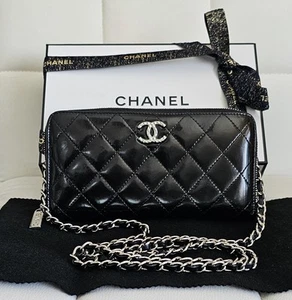 CHANEL Black Patent Leather Quilted Zip Around Wallet w/ Box & Cert. of Auth. - Picture 1 of 18
