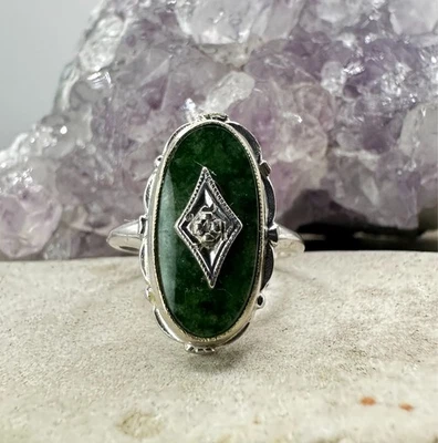 Anillo de jade vintage de oro blanco de 10k talla 5 decoración joyería inmobiliaria Foto 1 de 4