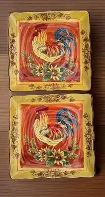 2 Platos Cuadrados Maxcera 9" Terracota Naranja Gallo Pintados a Mano Girasoles Foto 1 de 4