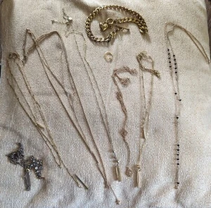 Lot Of Golden Costume Jewelry 7 Necklaces, Stacked & Separate, Bracelet, Ring - Picture 1 of 8