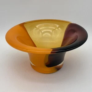 MCM Flared Edge Art Glass Centerpiece Bowl Amber Purple Orange Swirls Halloween - Picture 1 of 11