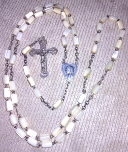 VINTAGE STERLING SILVER CRUCIFIX MOTHER OF PEARL ROSARY BEADS JESUS MARY FRANCE - Picture 1 of 6