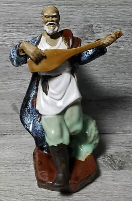Vintage Chinese Mudman Man Musician With Instrument Glazed Clay, Large Figurine - Image 1 of 4
