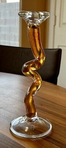 Hand Blown Sommerso Glass Signed Abstract Candlestick 13” Tall Amber And Clear - Picture 1 of 16