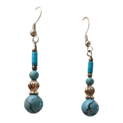 Natural Turquoise Dangle Drop Earrings Handmade Delicate 1" - Image 1 of 3
