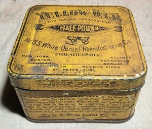 RARE ANTIQUE YELLOW WAX S.S. WHITE DENTAL MFG. CO. PATENT 1879 SOMERS BROS. TIN - Picture 1 of 14