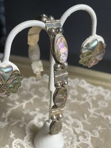 Sterling silver and abalone earrings and bracelet. 7 inch. Screw back - Picture 1 of 5