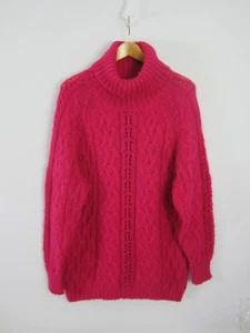 Vtg Express Womens M Hot Pink LS Mohair Cable Turtleneck Pullover Sweater  52" - Picture 1 of 13