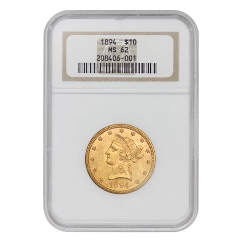 1894 $10 Gold Liberty Head Eagle NGC MS62 Choice graded Philadelphia coin Cover