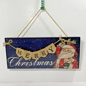 Santa MERRY CHRISTMAS Plaque with Burlap Wall Door Sign 15.25” x 6.5” Hanging - Picture 1 of 8
