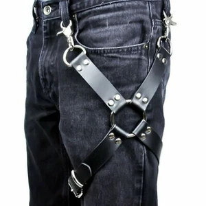 Men Leather Body Bondage Jeans Pants Leg Garter Belt Harness Punk Trouser Strap - Picture 1 of 5