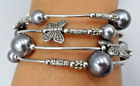 Vintage Faux Pearl Butterfly Bracelet Memory Wire Wrap Bangle Gray Silver Tone