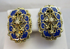 Rare Unusual Vintage Champleve Cloisonne Blue Enamel Clip on Earrings Gold Tone