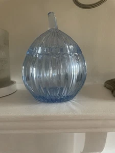 Art deco chic light Blue Glass Crystal Cut Sugar Honey Pot Jar with lid VGC - Picture 1 of 7