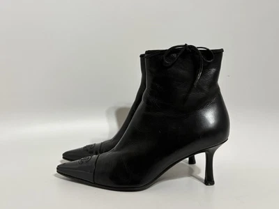 Vtg Chanel Black Leather Ankle CC Logo Boots 36 - Image 1 of 4