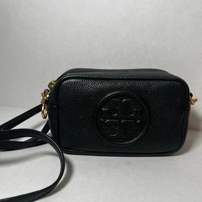 TORY BURCH Perry Bombe Mini Logo Black Luxury Leather Crossbody Bag Purse - Image 1 of 4