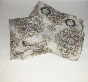 Floral Medallion  Grommet Top Curtains x 2 Cotton Blend Earthy Tones - Picture 1 of 5