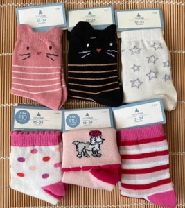Baby Gap Socken 6 Paar MÄDCHEN 12-24 Monate Katze Hund Stern Streifen Tupfen SET #2 - Bild 1 von 2