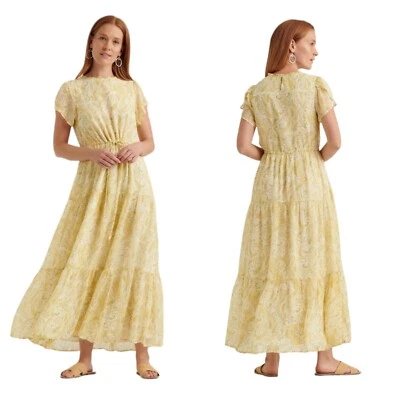Lucky Brand Women Dress Ariel Tiered Maxi Ruffle Yellow Paisley Floral Prairie S - Image 1 of 4