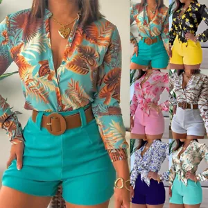 Mode Frauen buntes Druck V-Ausschnitt Langarm Shirt + kurze Hose Set 2 Stck. - Bild 1 von 20