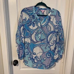 Lilly Pulitzer Elsie Top Bluse in Searulean Blue Test the Waters Seide Medium - Bild 1 von 6