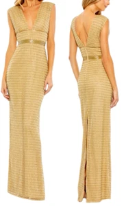 Mac Duggal Gold Beaded V Neck Formal Evening Gown Dress Sz 8 C*1998 - Picture 1 of 5