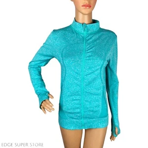 Aqua Teal Blue Long Sleeve Thumb Holes Full Zip Define Gym Jacket Size Medium - Picture 1 of 4