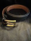Preowned Mens Trafalgar Cortina black leather belt/ gold tone buckle  size 42