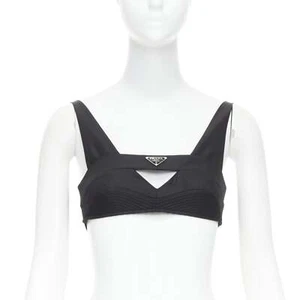 PRADA Re-Nylon black triangle logo cut out contour crop top bralette IT36 XS - Picture 1 of 9