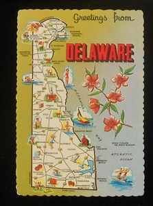 Mapa estatal de Delaware 1981 monumentos iconos flor de melocotón flor estatal DE PC - Imagen 1 de 1