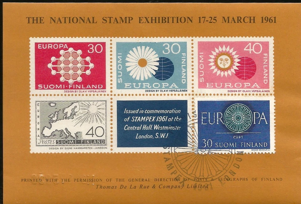 1961 LONDON NATIONAL STAMP EXHIBITION POSTMARKED FINLAND EUROPA THEME SOUV SHEET - Image 1 of 1