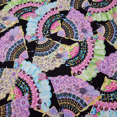 Fanfare BTY Kate Follows Quilting Treasures Asian Fans Black Aqua Pink - Image 1 of 3