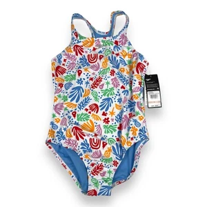 Speedo Girls Closed Racerback One Piece Swimsuit Cot D'Azur Collage Size 12 NWT - Picture 1 of 3