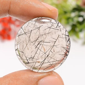 30.5 Ct Natural Round Black Rutile Quartz Spiritual Cabochon Gemstone 26X26X5 mm - Picture 1 of 4