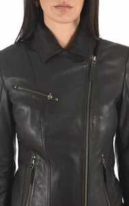 Chaqueta de cuero negra para mujer 100 % pura piel de oveja motocicleta ajuste personalizado chaqueta - Imagen 1 de 7