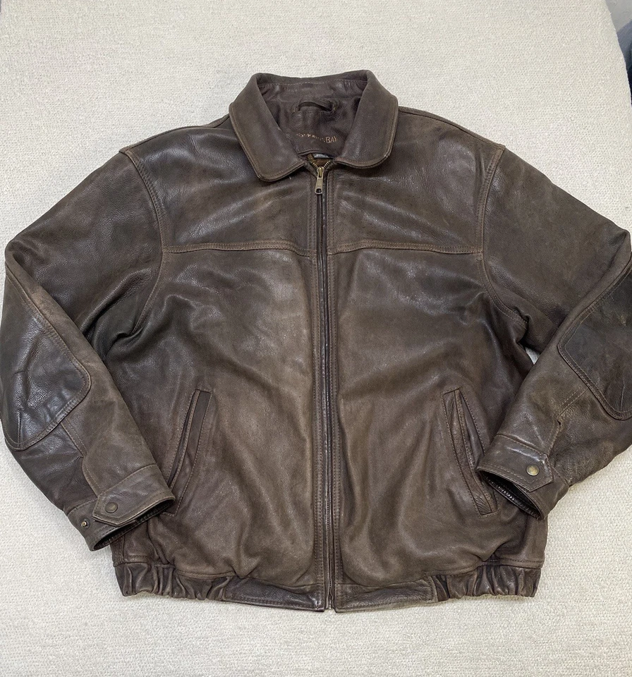 St. John’s Bay Leather Jacket Men’s XL Brown Wool Plaid Lined Full Zip Collared - Image 1 of 4