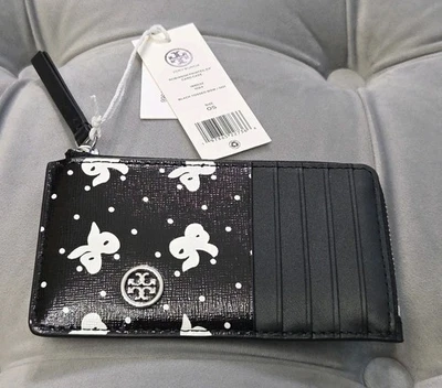 Tory Burch Robinson Cuero Negro Tirado Blanco Arco Impreso Cremallera Estuche para Tarjetas Cartera Foto 1 de 4