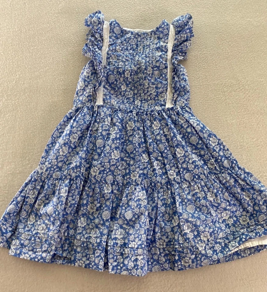 Polo Ralph Lauren A 字连衣裙女孩尺寸 6 蓝色花卉荷叶边分层纽扣 — 第 1/4 张图片