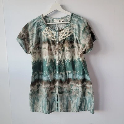 Kim Rogers Mujer Corbata Teñida Encaje Recortado Escote Top Talla L Botón Manga Corta Foto 1 de 4