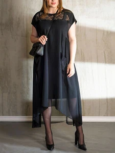 Women's Plus Size Crew Neck Lace Spliced Chiffon Casual Dress With Slip Pockets - Picture 1 of 2