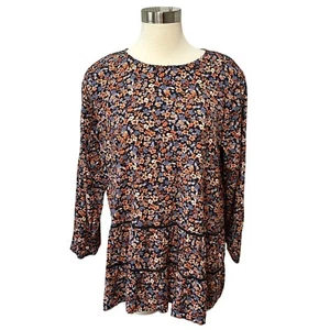J.Jill dunkel Blumen Stufen Tunika Top Damen L Boho Bauern Bluse Relaxed Landhaus - Bild 1 von 12